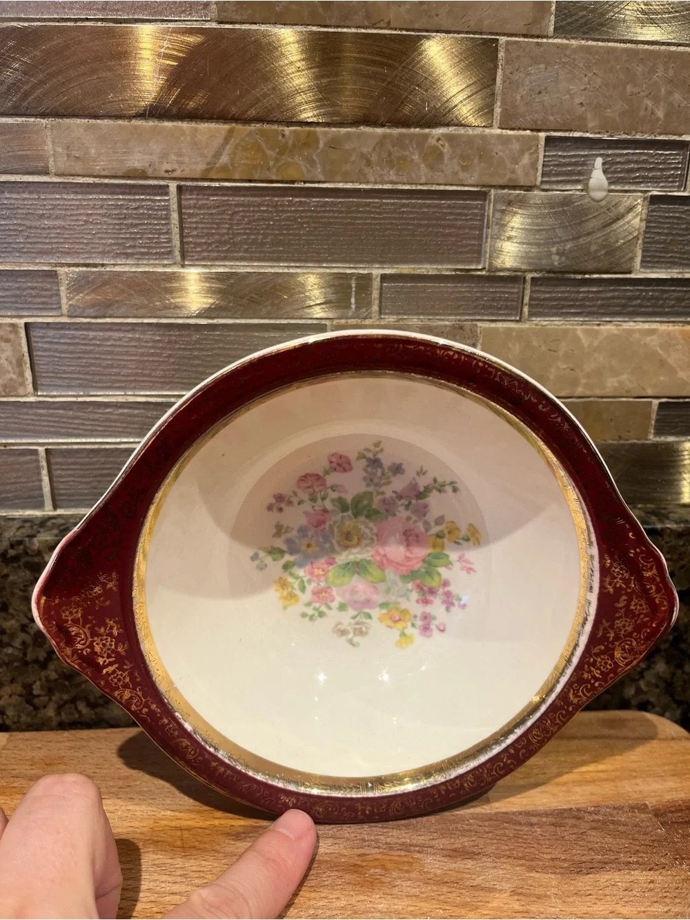 Century by Salem China 7.18 inch Lugged Cereal Bowl Floral Center, Maroon/Gold F